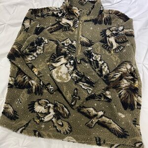 BNWT BDG Forest Green Zip-Up Sweater with Bird Pattern